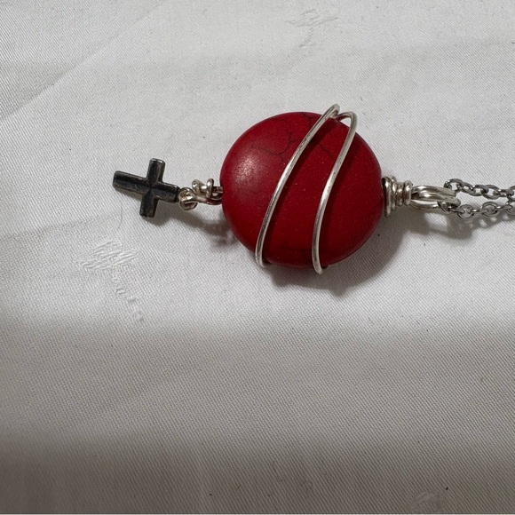 Silver Wrapped Red Stone Necklace with Cross Charm - Picture 3 of 7